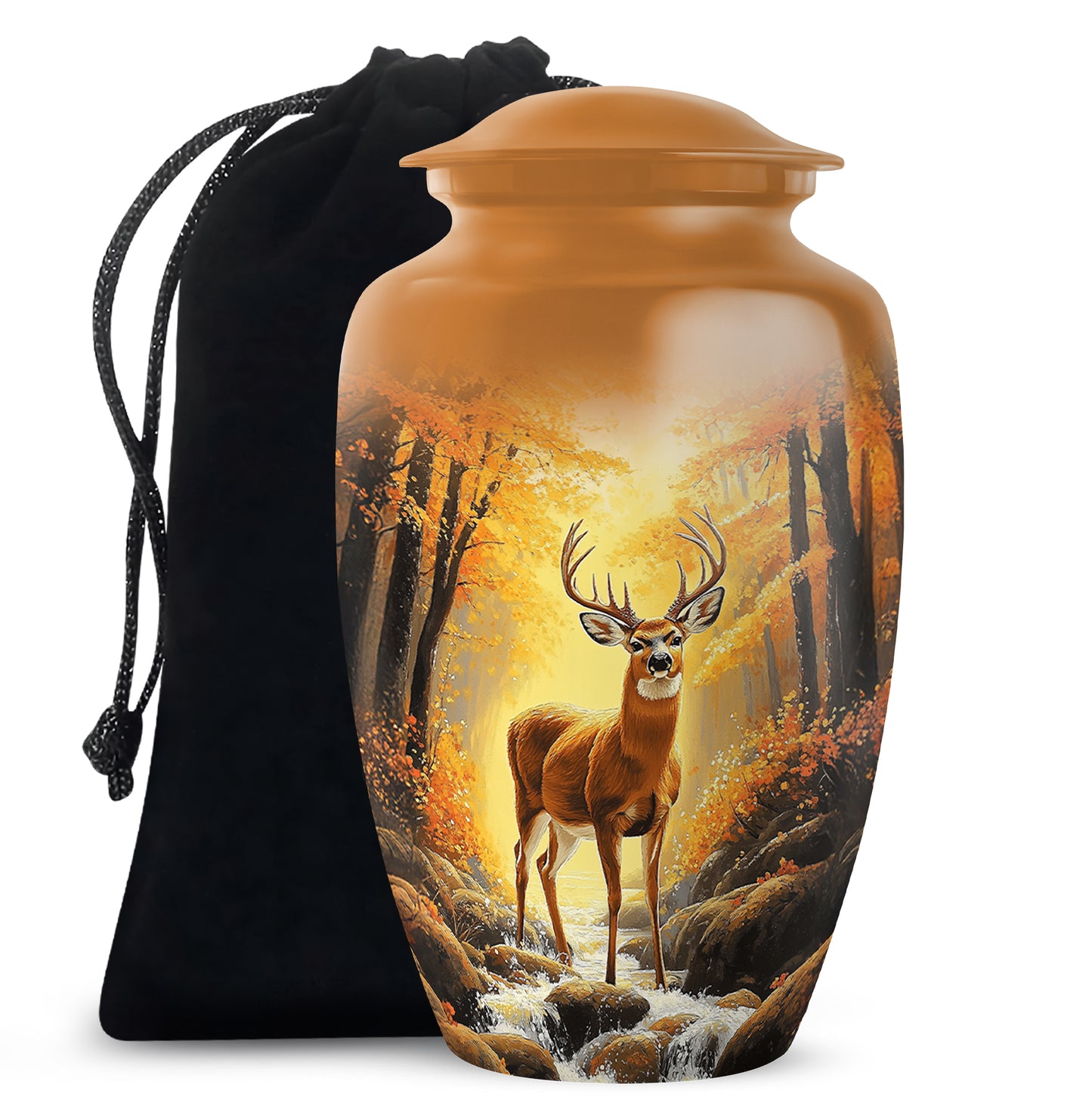 Sunrise Gold Deer Cremation Urn angled view of lid and engraved motif - timeless deer motif etched into premium metal - full-size 10 inch 200 cubic inch adult cremation urn