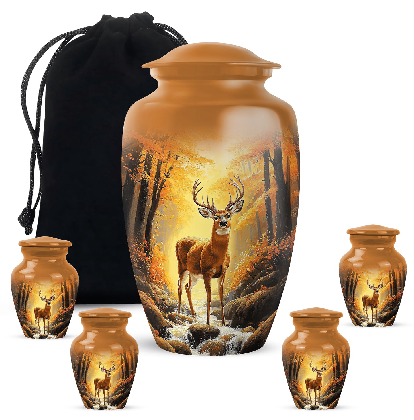 Warm Gold Deer Cremation Urn top-down view of secure threaded lid - traditional deer engraving with hand-polished finish - memorial set with one large and four small urns