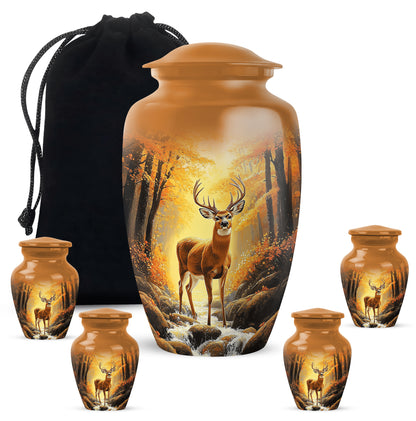 Warm Gold Deer Cremation Urn top-down view of secure threaded lid - traditional deer engraving with hand-polished finish - memorial set with one large and four small urns