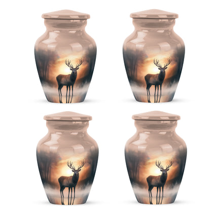 Royal Gold Deer Cremation Urn side profile showing urn shape - traditional deer engraving with hand-polished finish - 10 inch aluminum urn for cremated remains
