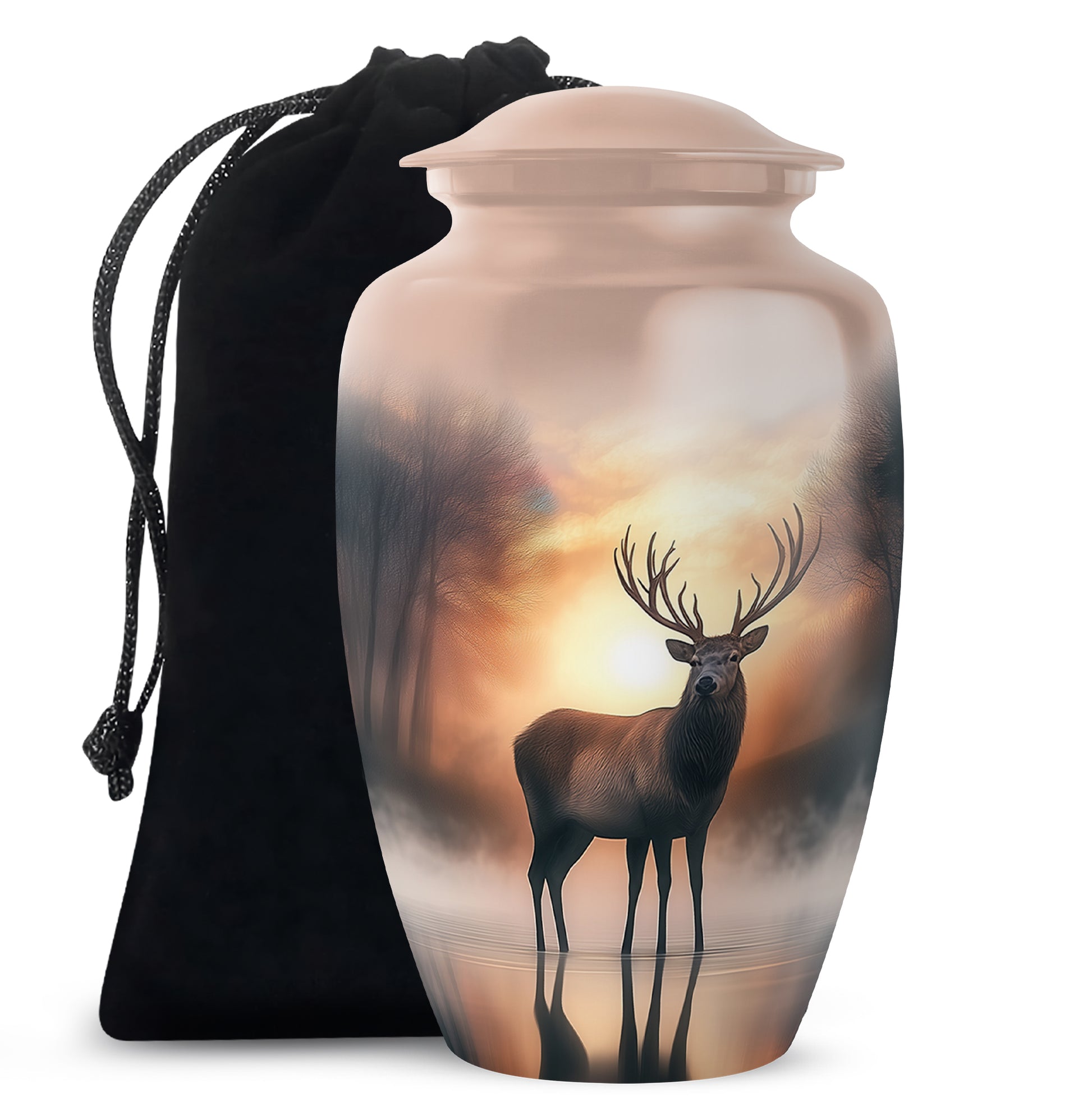 Harvest Gold Deer Cremation Urn angled view of lid and engraved motif - elegant classic deer relief with fine detailing - full-size 10 inch 200 cubic inch adult cremation urn
