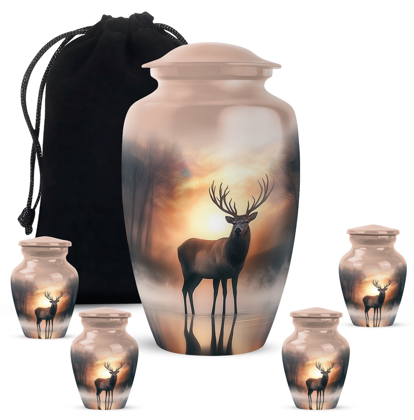 Harvest Gold Deer Cremation Urn top-down view of secure threaded lid - traditional deer engraving with hand-polished finish - memorial set with one large and four small urns