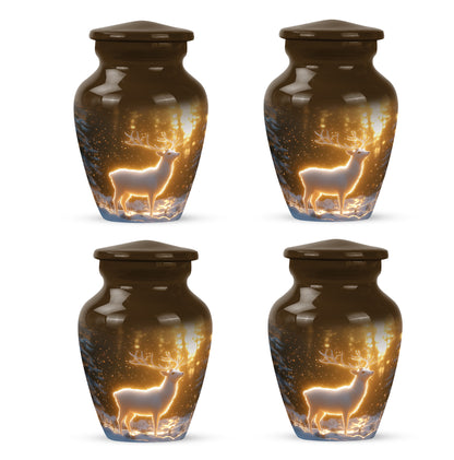 Antique Gold Deer Cremation Urn side profile showing urn shape - timeless deer motif etched into premium metal - 10 inch aluminum urn for cremated remains