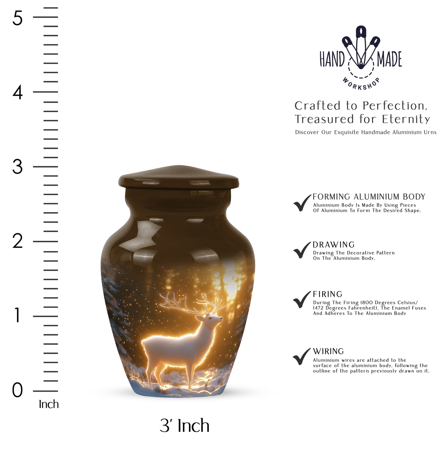Matte Gold Deer Cremation Urn close-up of engraving and surface detail - traditional deer engraving with hand-polished finish - mini keepsake memorial for portion of cremation ashes