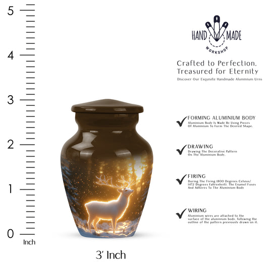 Matte Gold Deer Cremation Urn close-up of engraving and surface detail - traditional deer engraving with hand-polished finish - mini keepsake memorial for portion of cremation ashes