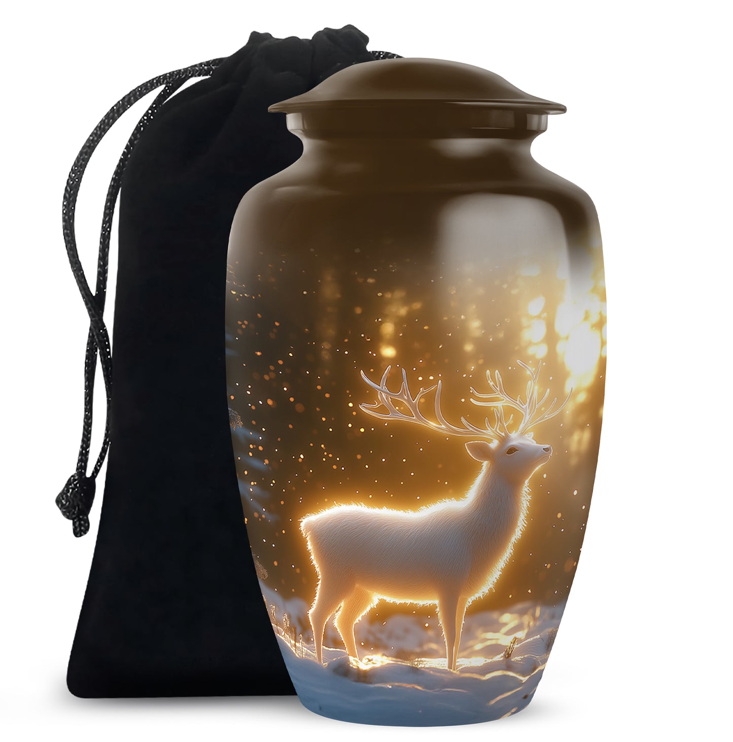 Amber Gold Deer Cremation Urn angled view of lid and engraved motif - timeless deer motif etched into premium metal - full-size 10 inch 200 cubic inch adult cremation urn