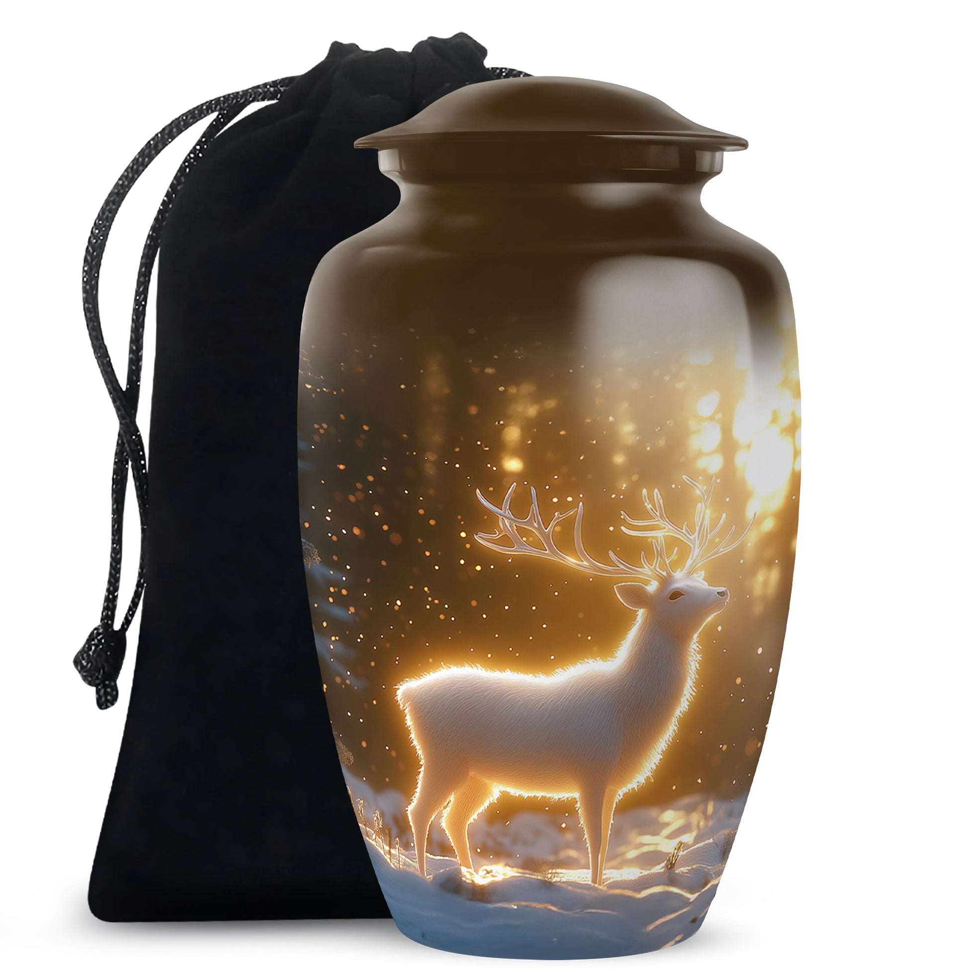 Amber Gold Deer Cremation Urn angled view of lid and engraved motif - timeless deer motif etched into premium metal - full-size 10 inch 200 cubic inch adult cremation urn