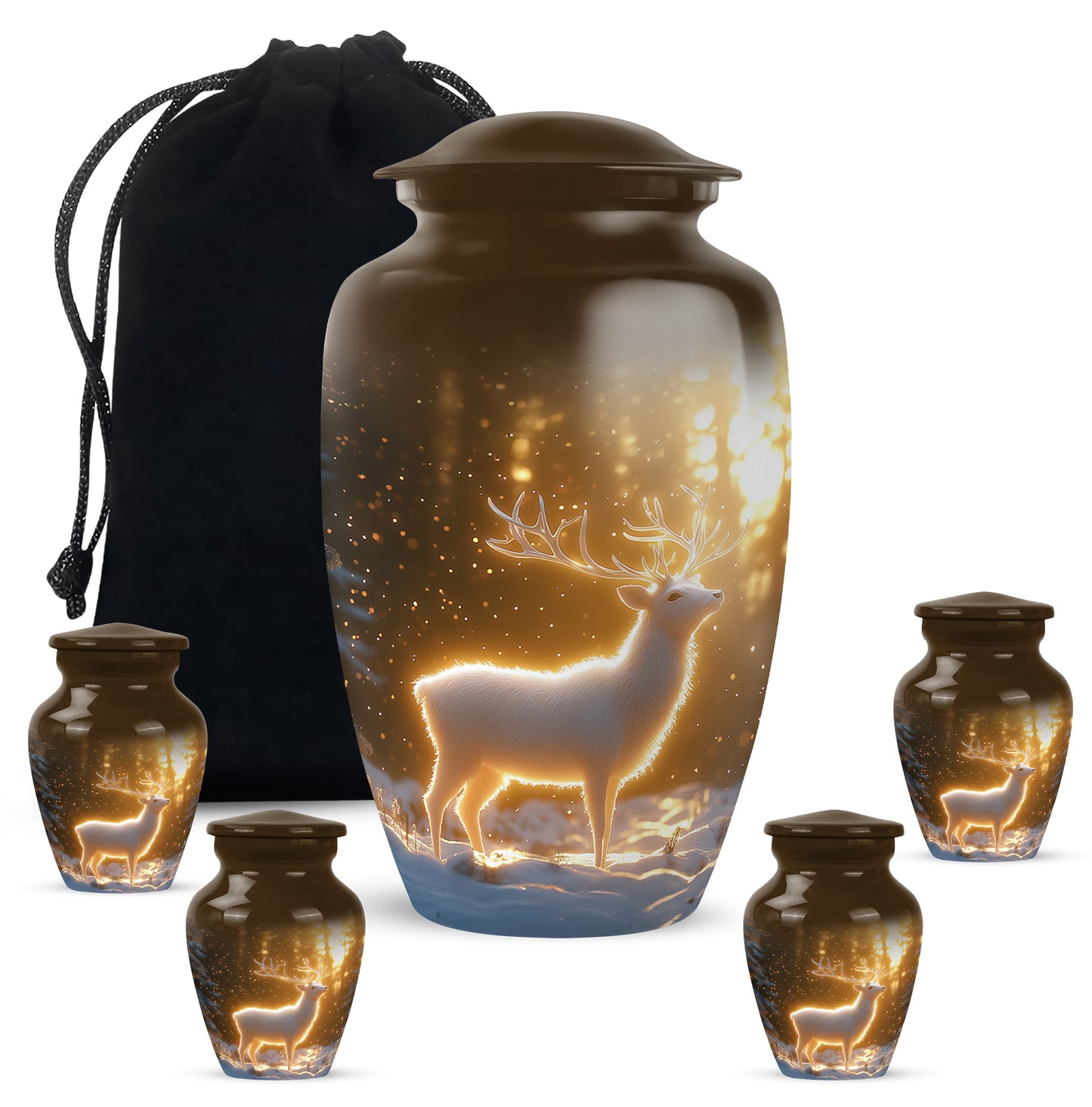 Champagne Gold Deer Cremation Urn top-down view of secure threaded lid - timeless deer motif etched into premium metal - memorial set with one large and four small urns