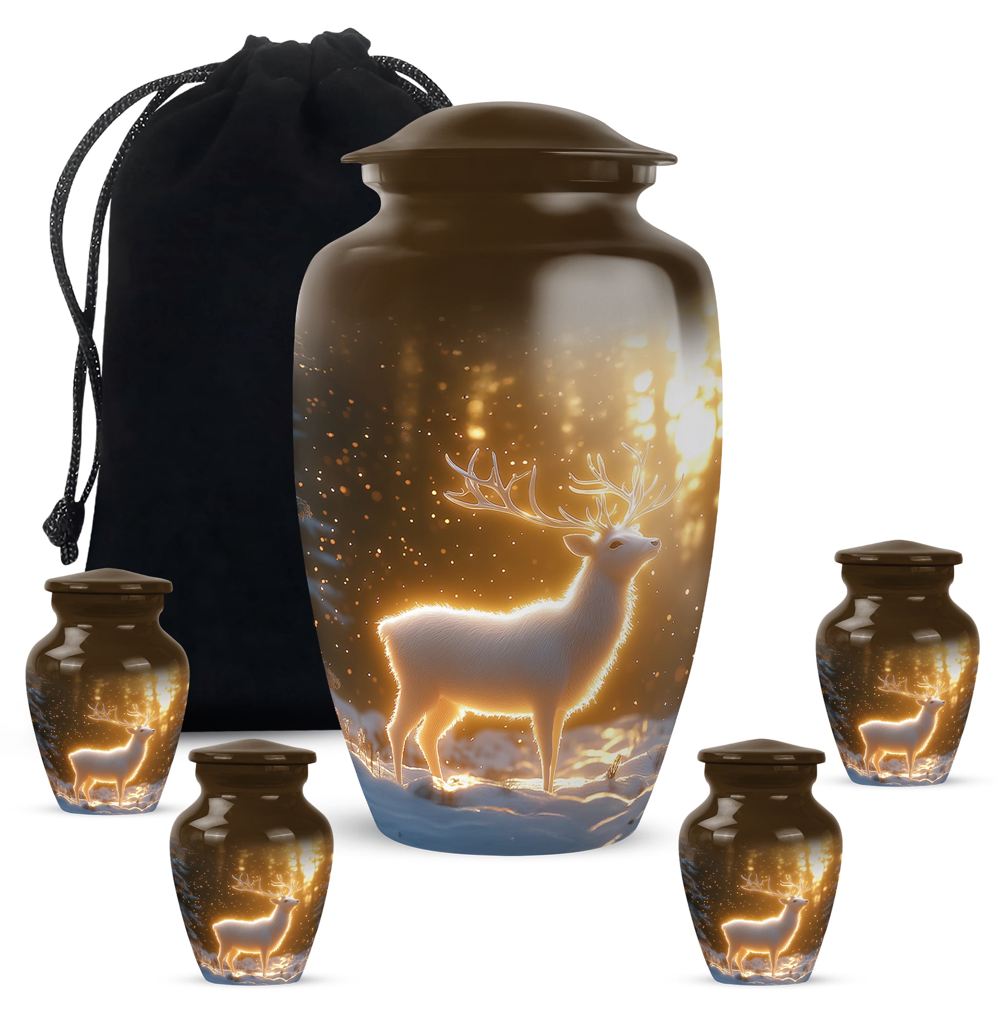 Champagne Gold Deer Cremation Urn top-down view of secure threaded lid - timeless deer motif etched into premium metal - memorial set with one large and four small urns