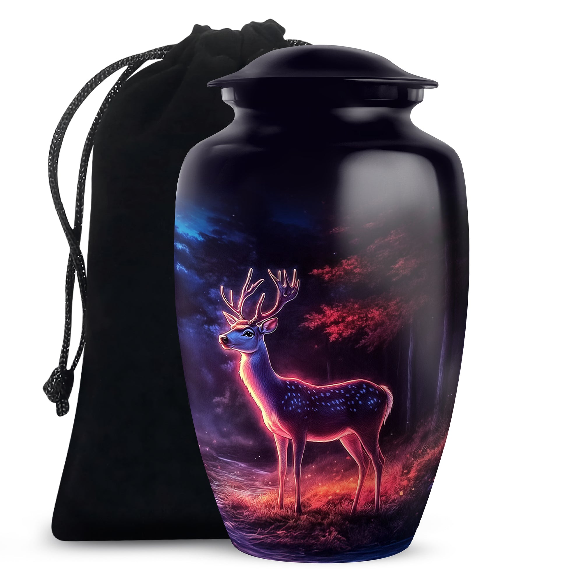 Obsidian Black Deer Cremation Urn angled view of lid and engraved motif - elegant classic deer relief with fine detailing - full-size 10 inch 200 cubic inch adult cremation urn