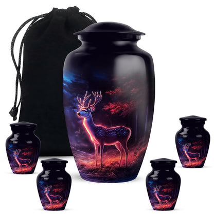 Rich Black Deer Cremation Urn top-down view of secure threaded lid - timeless deer motif etched into premium metal - memorial set with one large and four small urns
