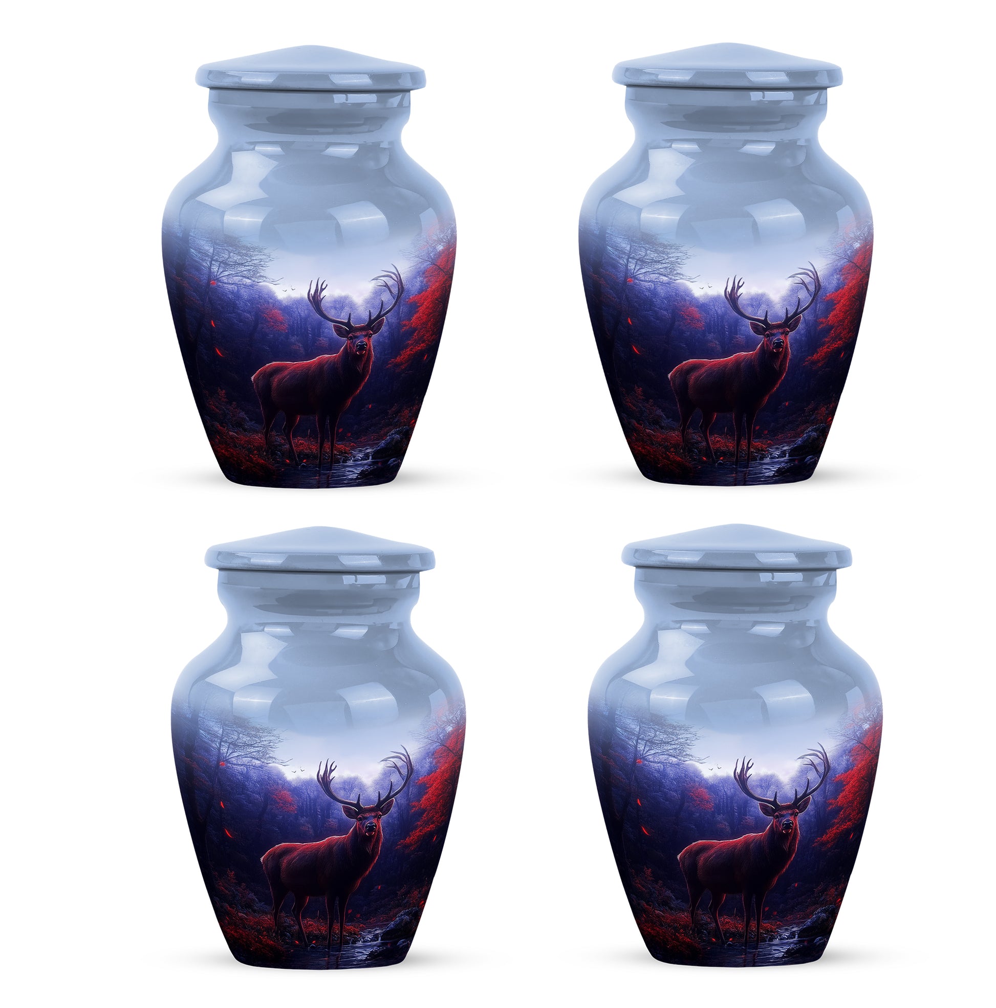 Sky Blue Deer Cremation Urn side profile showing urn shape - timeless deer motif etched into premium metal - 10 inch aluminum urn for cremated remains