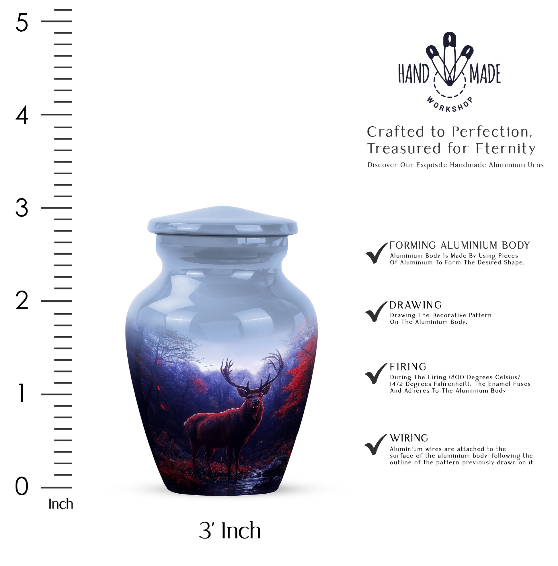 Misty Blue Deer Cremation Urn close-up of engraving and surface detail - timeless deer motif etched into premium metal - mini keepsake memorial for portion of cremation ashes