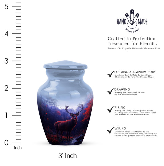 Misty Blue Deer Cremation Urn close-up of engraving and surface detail - timeless deer motif etched into premium metal - mini keepsake memorial for portion of cremation ashes