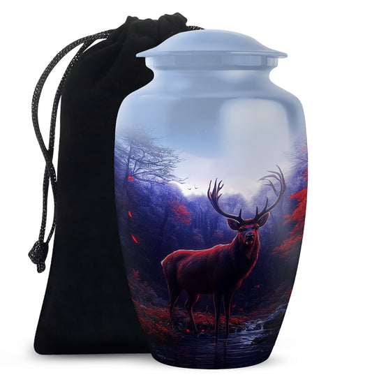 Calming Blue Deer Cremation Urn angled view of lid and engraved motif - traditional deer engraving with hand-polished finish - full-size 10 inch 200 cubic inch adult cremation urn