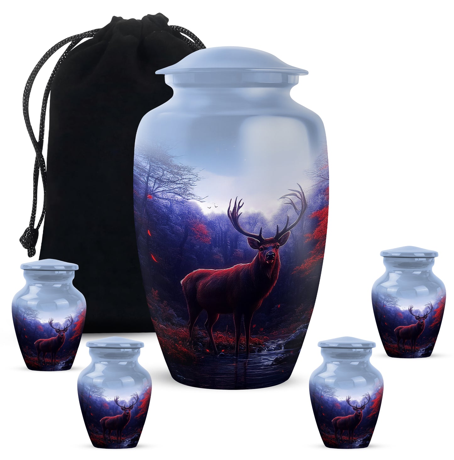 Cobalt Blue Deer Cremation Urn top-down view of secure threaded lid - traditional deer engraving with hand-polished finish - memorial set with one large and four small urns