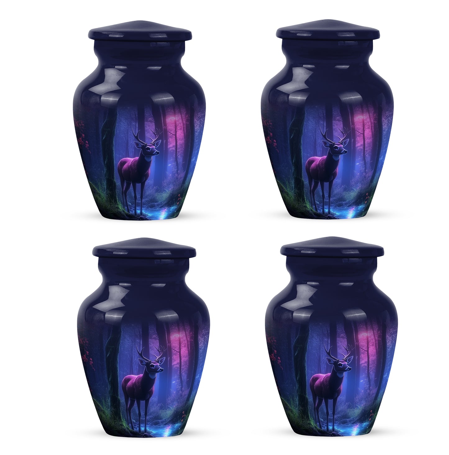 Slate Blue Deer Cremation Urn side profile showing urn shape - classic sculpted deer pattern on smooth aluminum - 10 inch aluminum urn for cremated remains