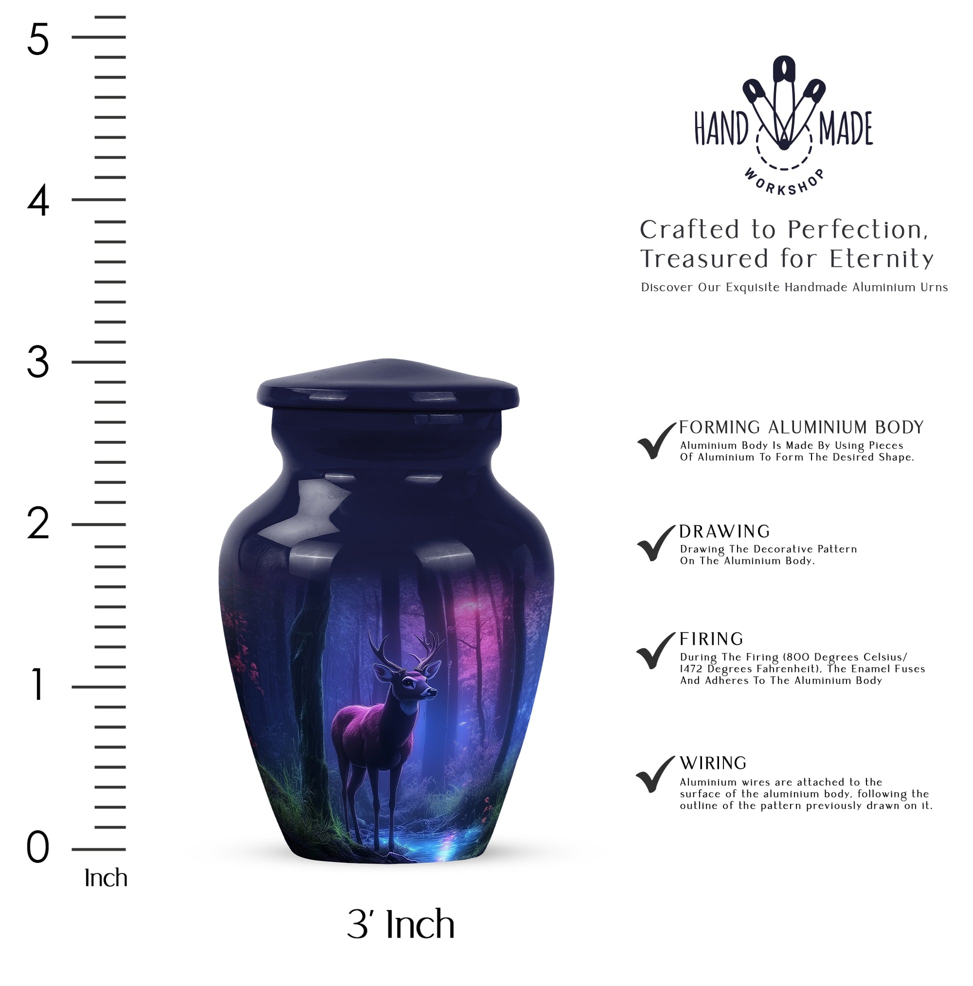 Royal Blue Deer Cremation Urn close-up of engraving and surface detail - elegant classic deer relief with fine detailing - mini keepsake memorial for portion of cremation ashes