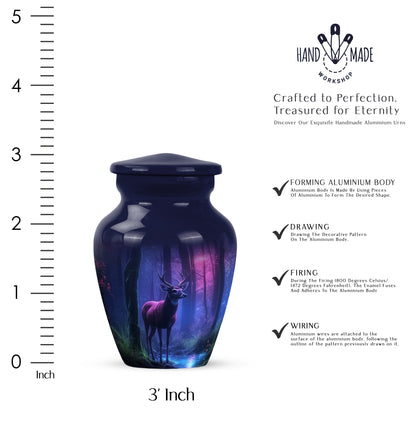 Royal Blue Deer Cremation Urn close-up of engraving and surface detail - elegant classic deer relief with fine detailing - mini keepsake memorial for portion of cremation ashes