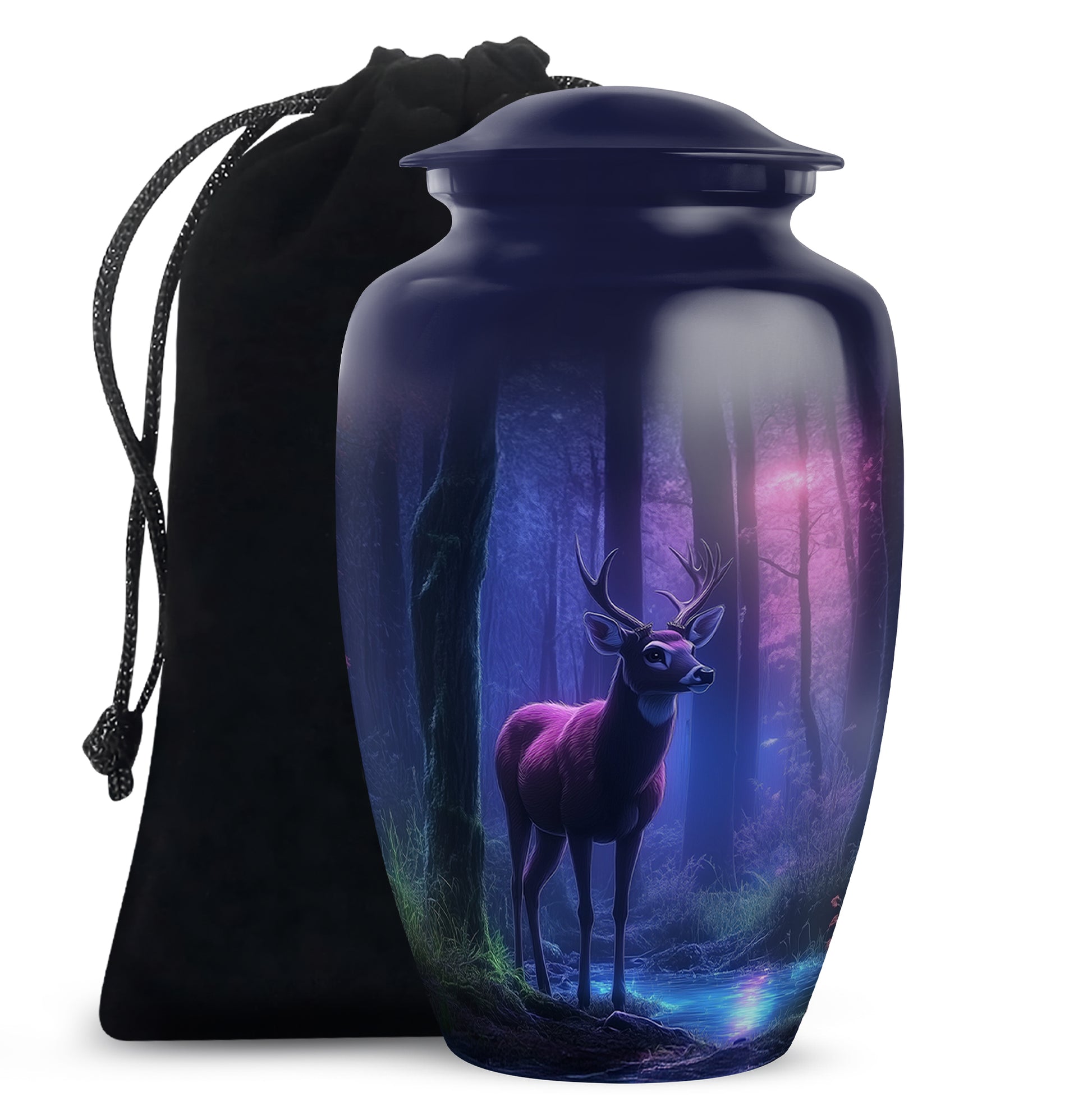 Navy Blue Deer Cremation Urn angled view of lid and engraved motif - classic sculpted deer pattern on smooth aluminum - full-size 10 inch 200 cubic inch adult cremation urn