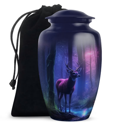 Navy Blue Deer Cremation Urn angled view of lid and engraved motif - classic sculpted deer pattern on smooth aluminum - full-size 10 inch 200 cubic inch adult cremation urn