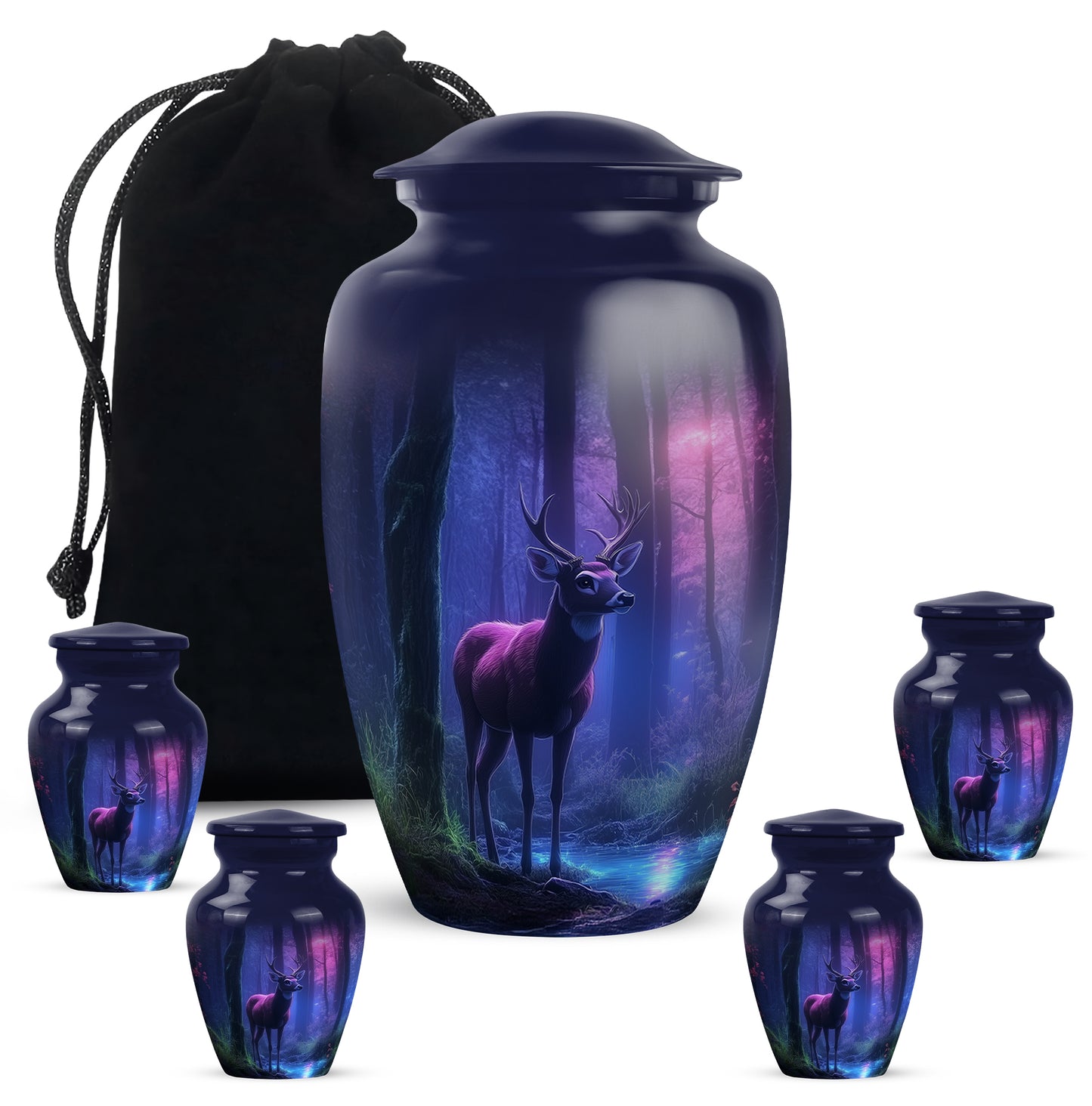 Twilight Blue Deer Cremation Urn top-down view of secure threaded lid - elegant classic deer relief with fine detailing - memorial set with one large and four small urns