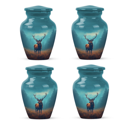 Tropical Teal Deer Cremation Urn side profile showing urn shape - elegant classic deer relief with fine detailing - 10 inch aluminum urn for cremated remains