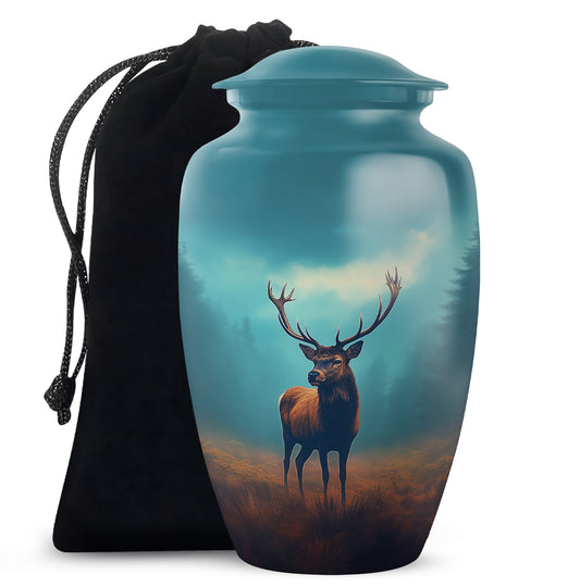 Tropical Teal Deer Cremation Urn angled view of lid and engraved motif - traditional deer engraving with hand-polished finish - full-size 10 inch 200 cubic inch adult cremation urn