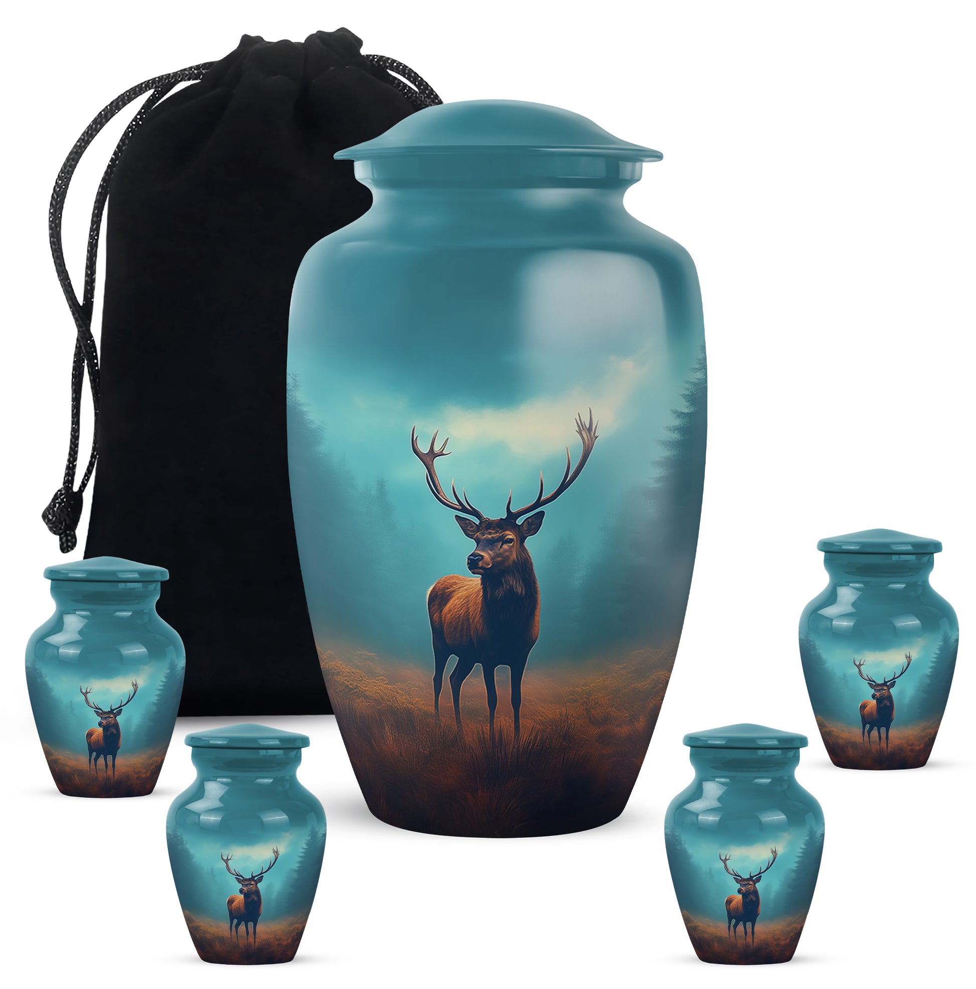 Deep Teal Deer Cremation Urn top-down view of secure threaded lid - elegant classic deer relief with fine detailing - memorial set with one large and four small urns
