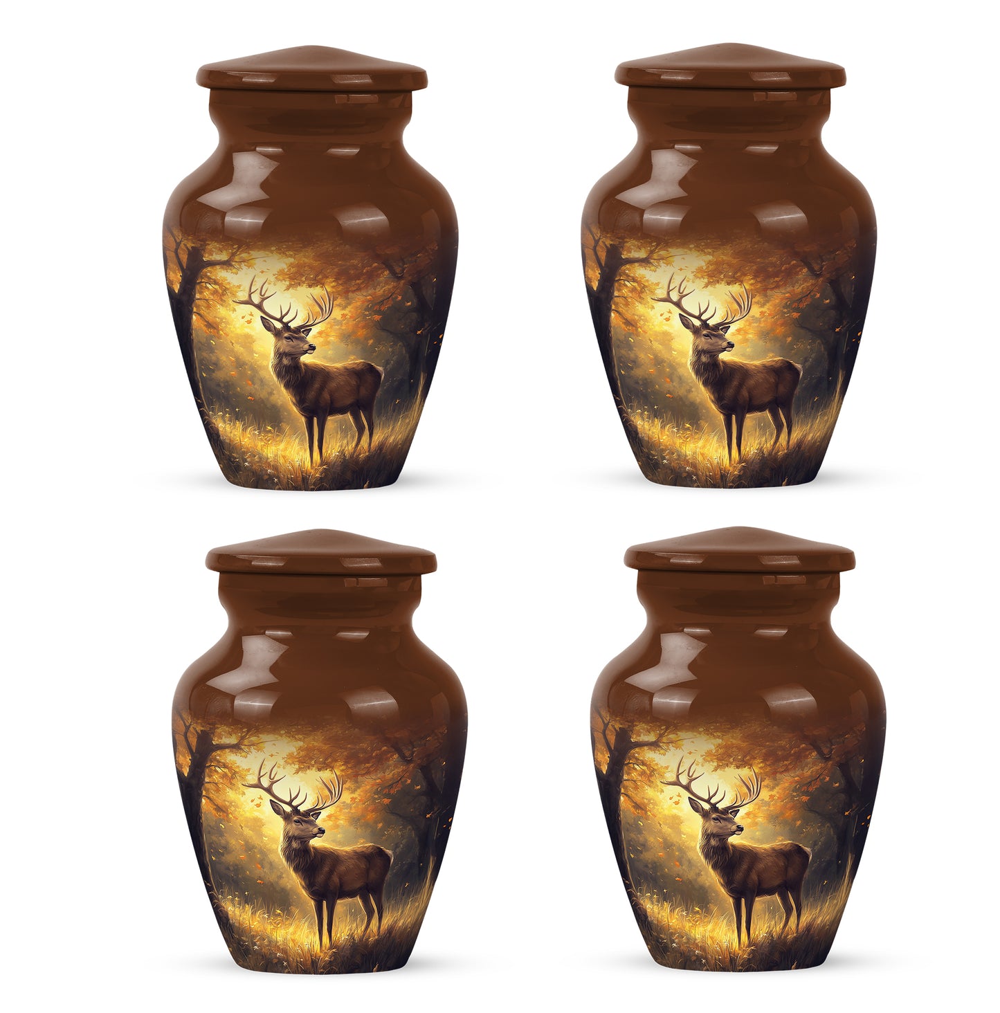 Royal Gold Deer Cremation Urn side profile showing urn shape - traditional deer engraving with hand-polished finish - 10 inch aluminum urn for cremated remains