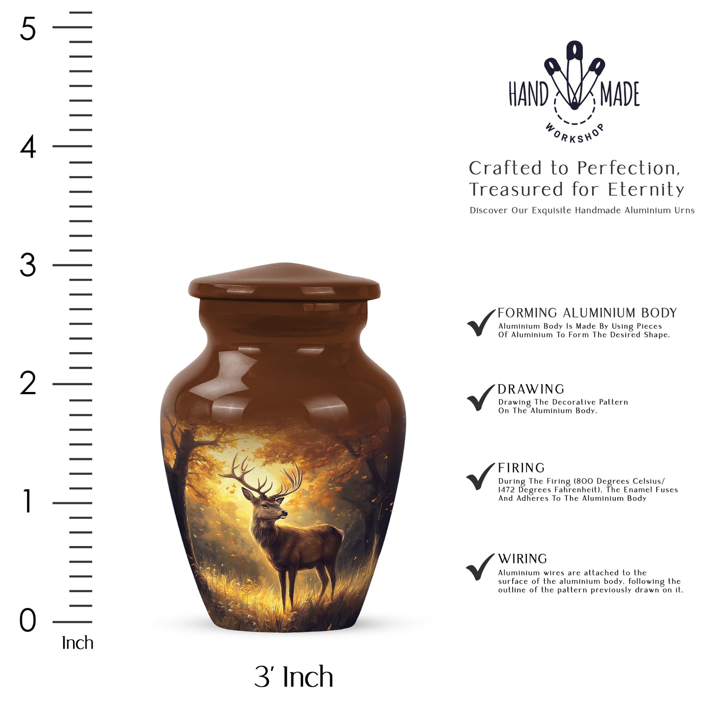 Burnished Gold Deer Cremation Urn close-up of engraving and surface detail - elegant classic deer relief with fine detailing - mini keepsake memorial for portion of cremation ashes