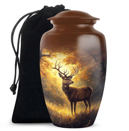 Gilded Gold Deer Cremation Urn angled view of lid and engraved motif - classic sculpted deer pattern on smooth aluminum - full-size 10 inch 200 cubic inch adult cremation urn