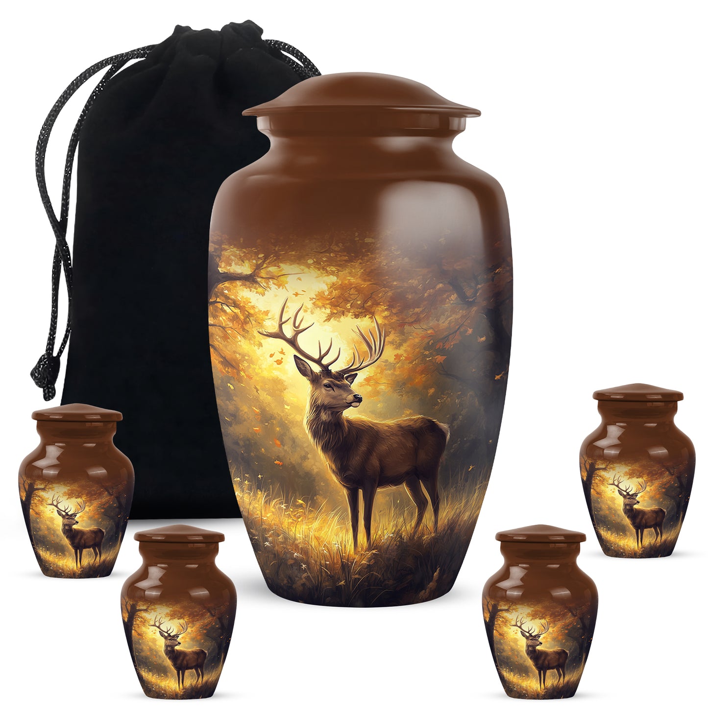 Royal Gold Deer Cremation Urn top-down view of secure threaded lid - traditional deer engraving with hand-polished finish - memorial set with one large and four small urns