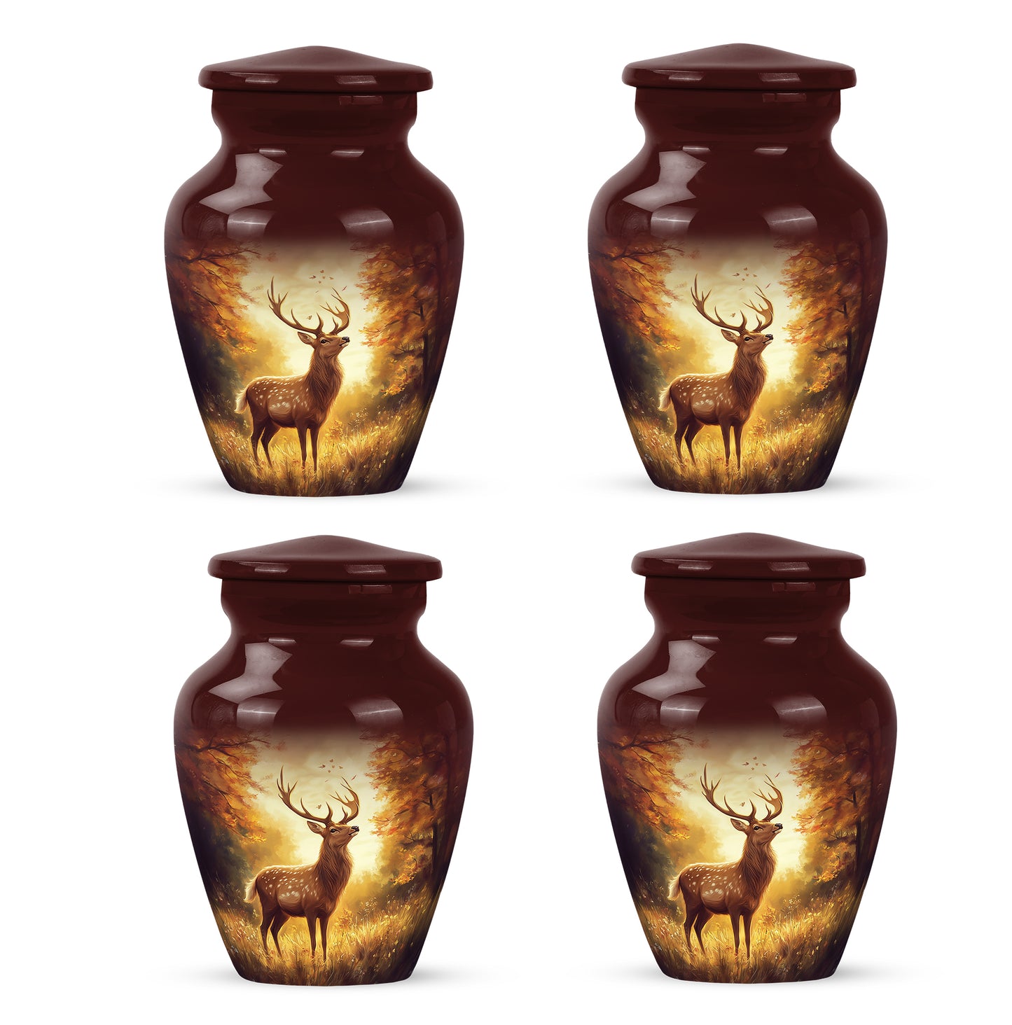 Garnet Red Deer Cremation Urn side profile showing urn shape - classic sculpted deer pattern on smooth aluminum - 10 inch aluminum urn for cremated remains