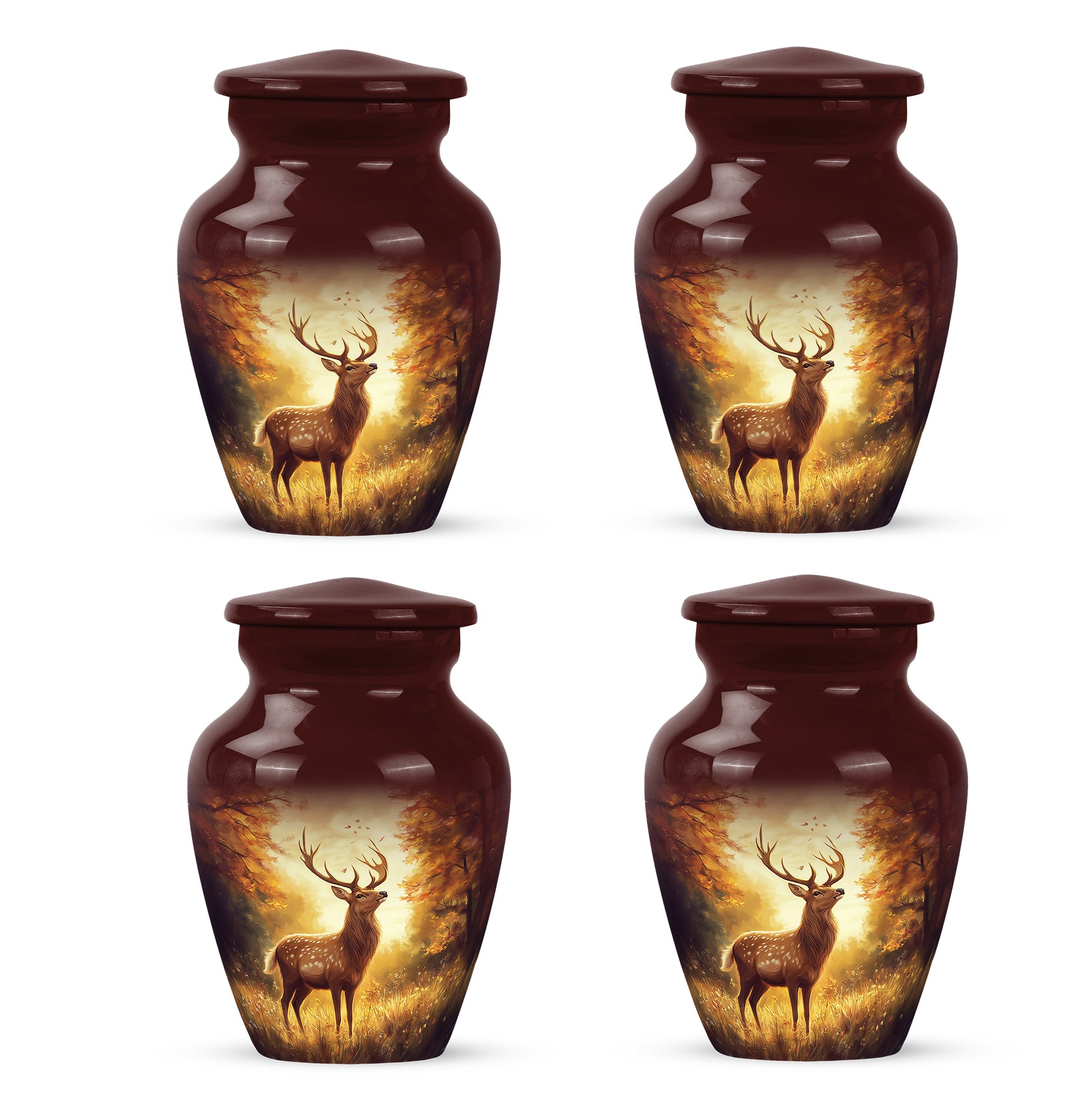 Garnet Red Deer Cremation Urn side profile showing urn shape - classic sculpted deer pattern on smooth aluminum - 10 inch aluminum urn for cremated remains
