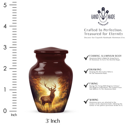 Rich Red Deer Cremation Urn close-up of engraving and surface detail - elegant classic deer relief with fine detailing - mini keepsake memorial for portion of cremation ashes