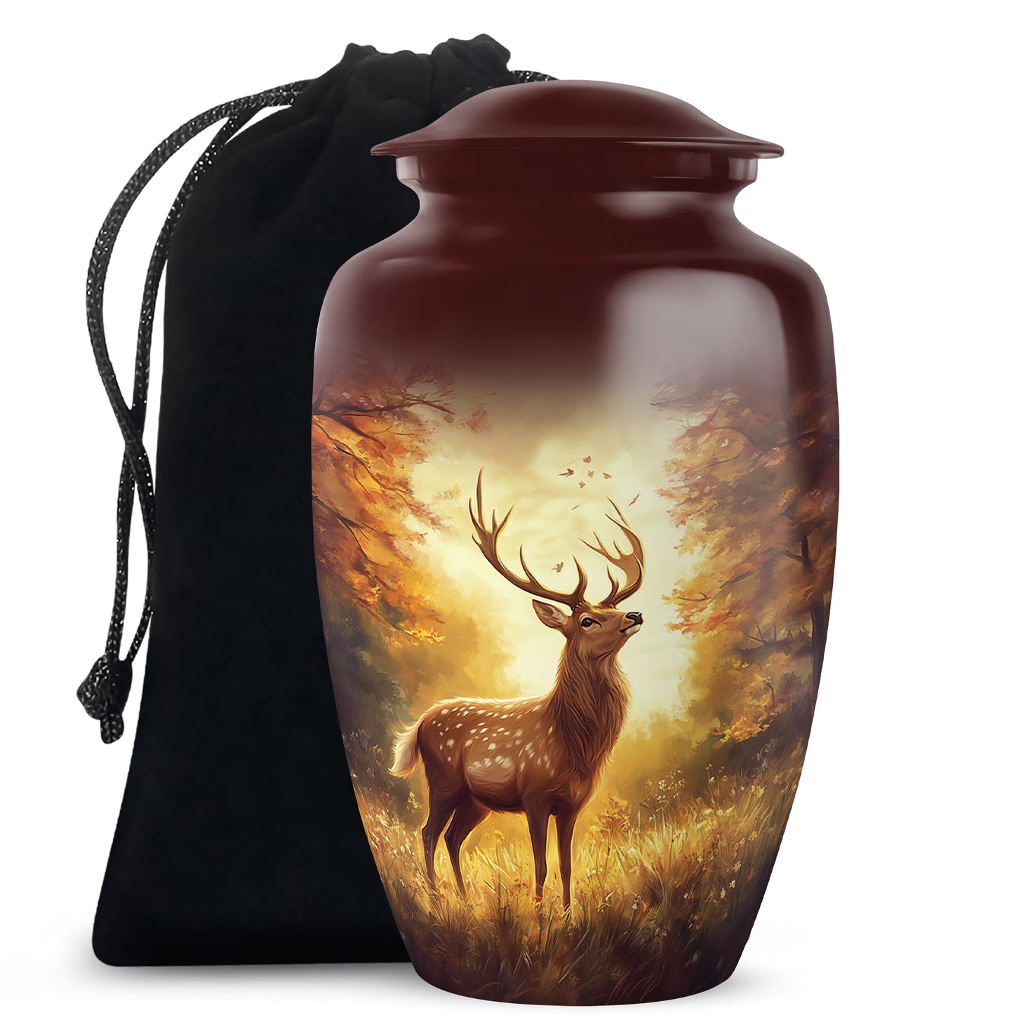Rich Red Deer Cremation Urn angled view of lid and engraved motif - elegant classic deer relief with fine detailing - full-size 10 inch 200 cubic inch adult cremation urn