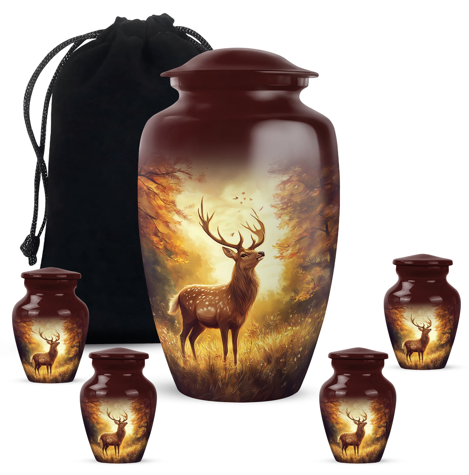 Cherry Red Deer Cremation Urn top-down view of secure threaded lid - traditional deer engraving with hand-polished finish - memorial set with one large and four small urns