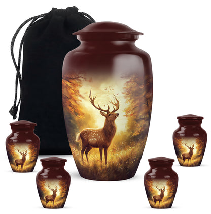 Cherry Red Deer Cremation Urn top-down view of secure threaded lid - traditional deer engraving with hand-polished finish - memorial set with one large and four small urns