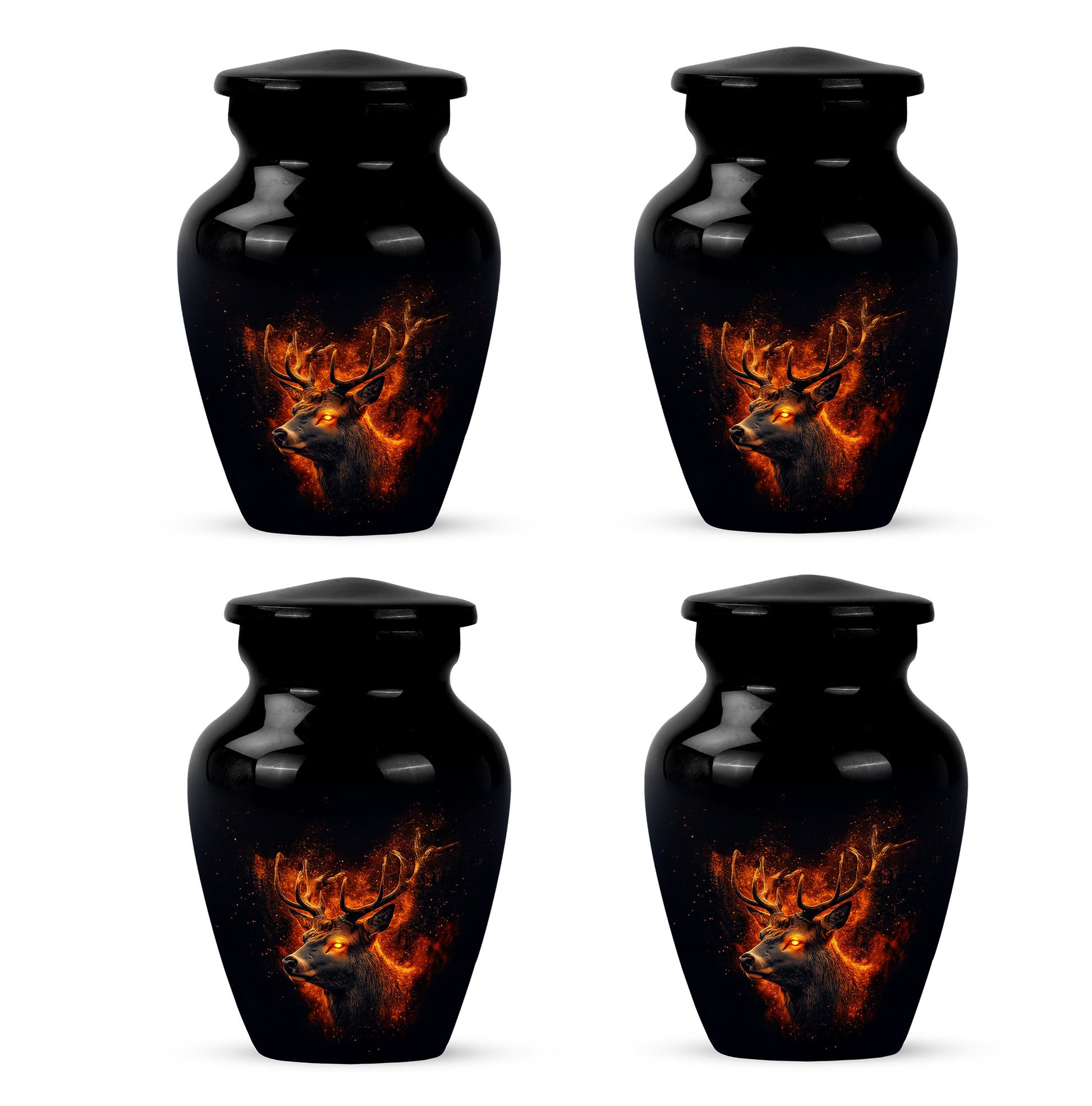 Deep Black Deer Cremation Urn side profile showing urn shape - timeless deer motif etched into premium metal - 10 inch aluminum urn for cremated remains