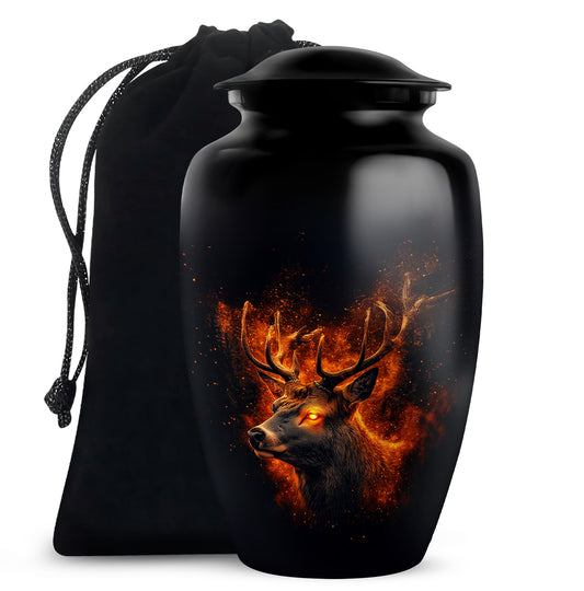 Charcoal Black Deer Cremation Urn angled view of lid and engraved motif - elegant classic deer relief with fine detailing - full-size 10 inch 200 cubic inch adult cremation urn