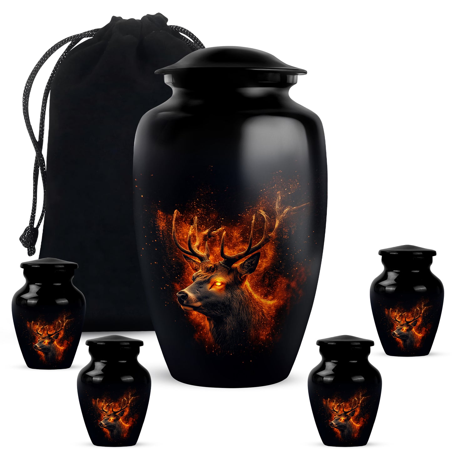 Onyx Black Deer Cremation Urn top-down view of secure threaded lid - elegant classic deer relief with fine detailing - memorial set with one large and four small urns