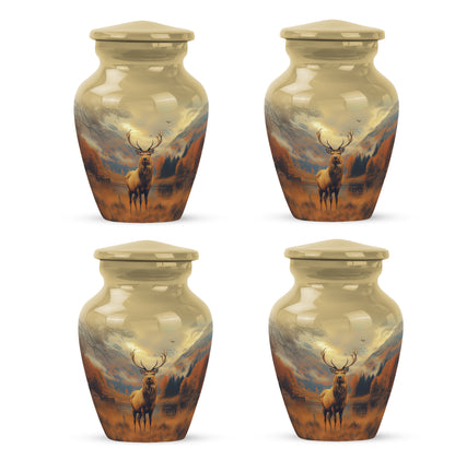 Gilded Gold Deer Cremation Urn side profile showing urn shape - classic sculpted deer pattern on smooth aluminum - 10 inch aluminum urn for cremated remains