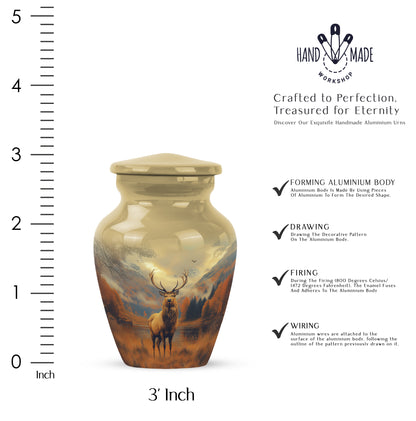 Antique Gold Deer Cremation Urn close-up of engraving and surface detail - timeless deer motif etched into premium metal - mini keepsake memorial for portion of cremation ashes