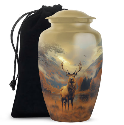 Matte Gold Deer Cremation Urn angled view of lid and engraved motif - traditional deer engraving with hand-polished finish - full-size 10 inch 200 cubic inch adult cremation urn