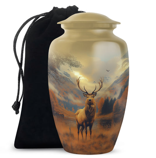 Matte Gold Deer Cremation Urn angled view of lid and engraved motif - traditional deer engraving with hand-polished finish - full-size 10 inch 200 cubic inch adult cremation urn