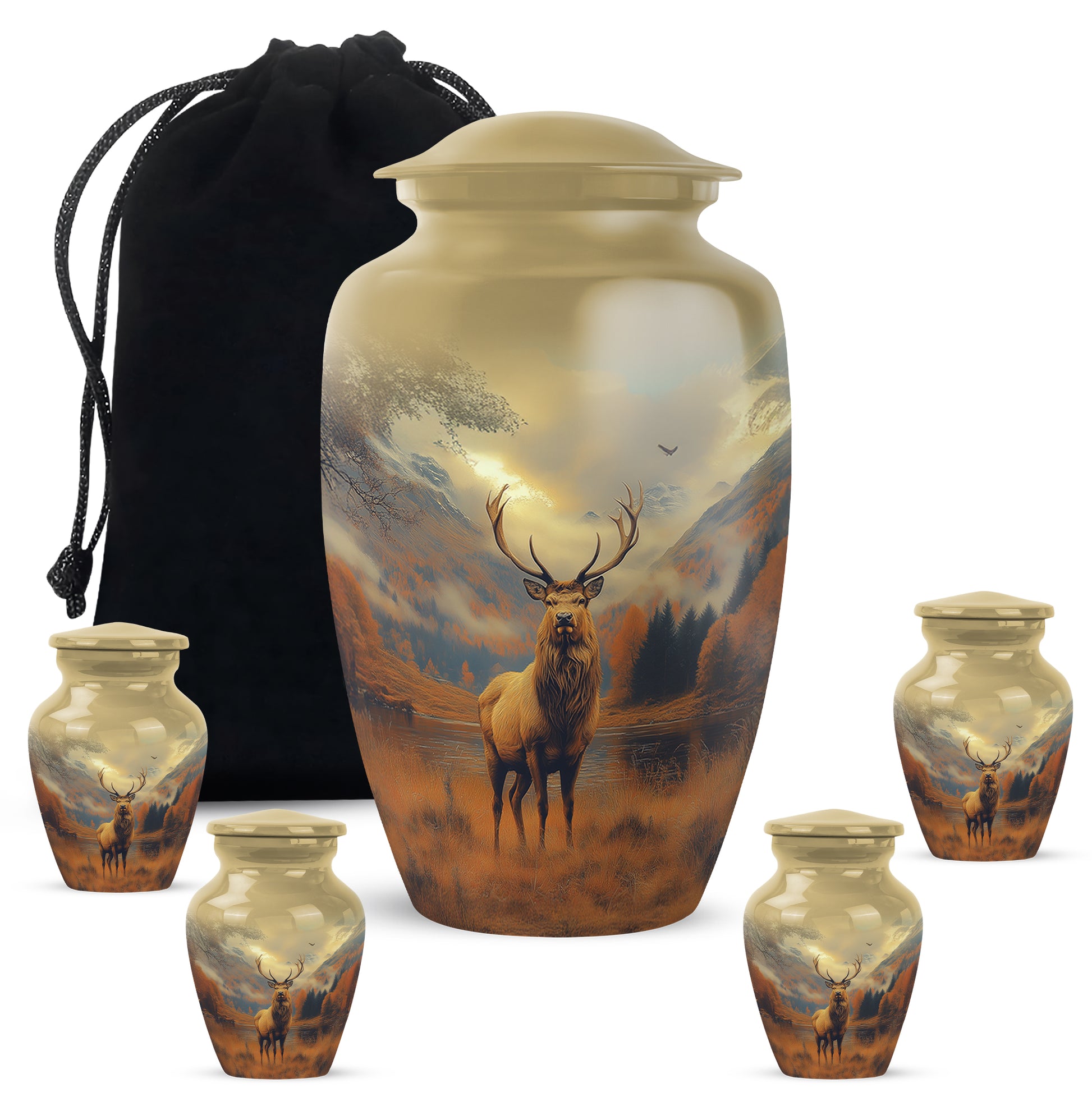 Harvest Gold Deer Cremation Urn top-down view of secure threaded lid - traditional deer engraving with hand-polished finish - memorial set with one large and four small urns