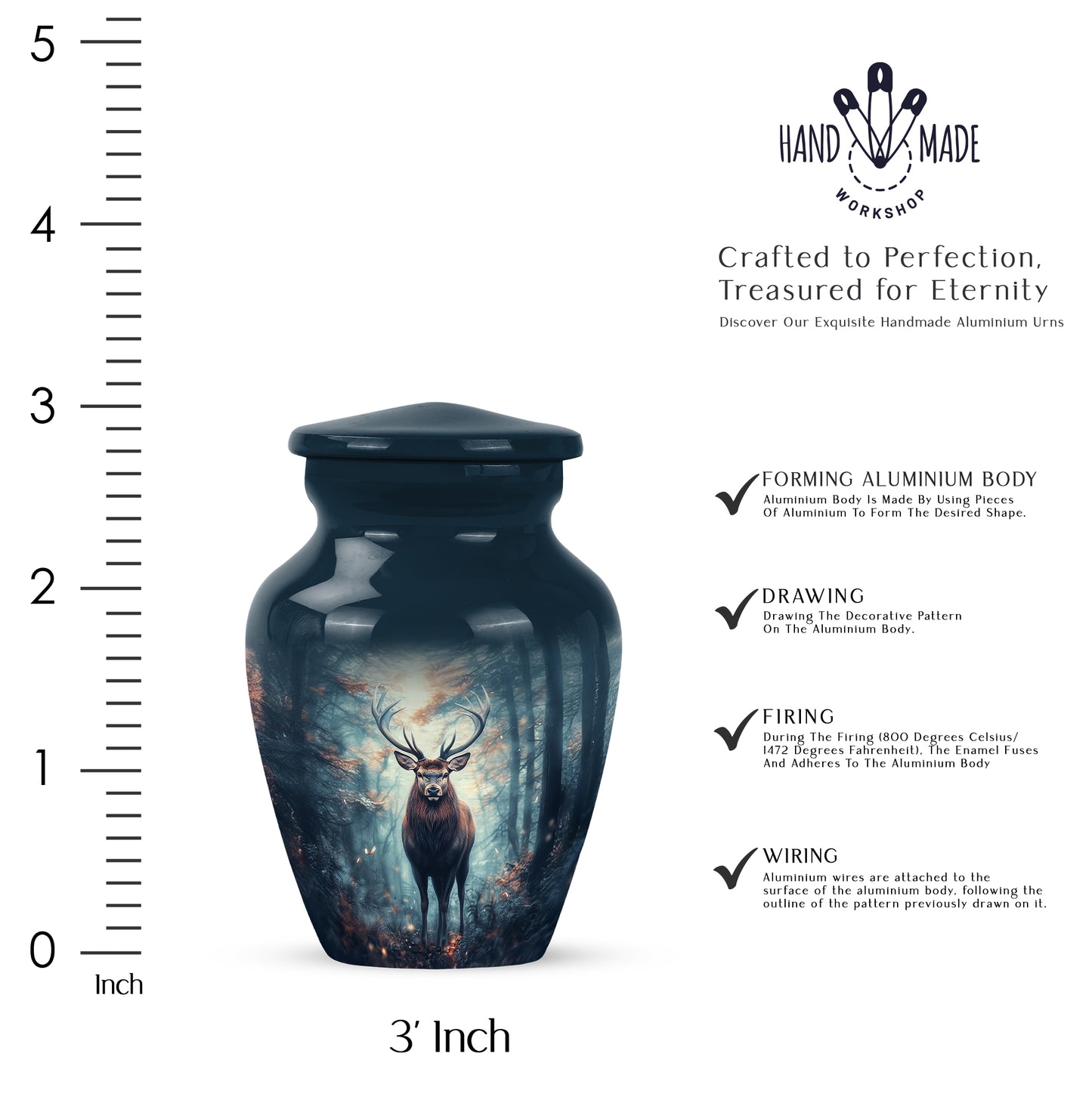 Cornflower Blue Deer Cremation Urn close-up of engraving and surface detail - traditional deer engraving with hand-polished finish - mini keepsake memorial for portion of cremation ashes