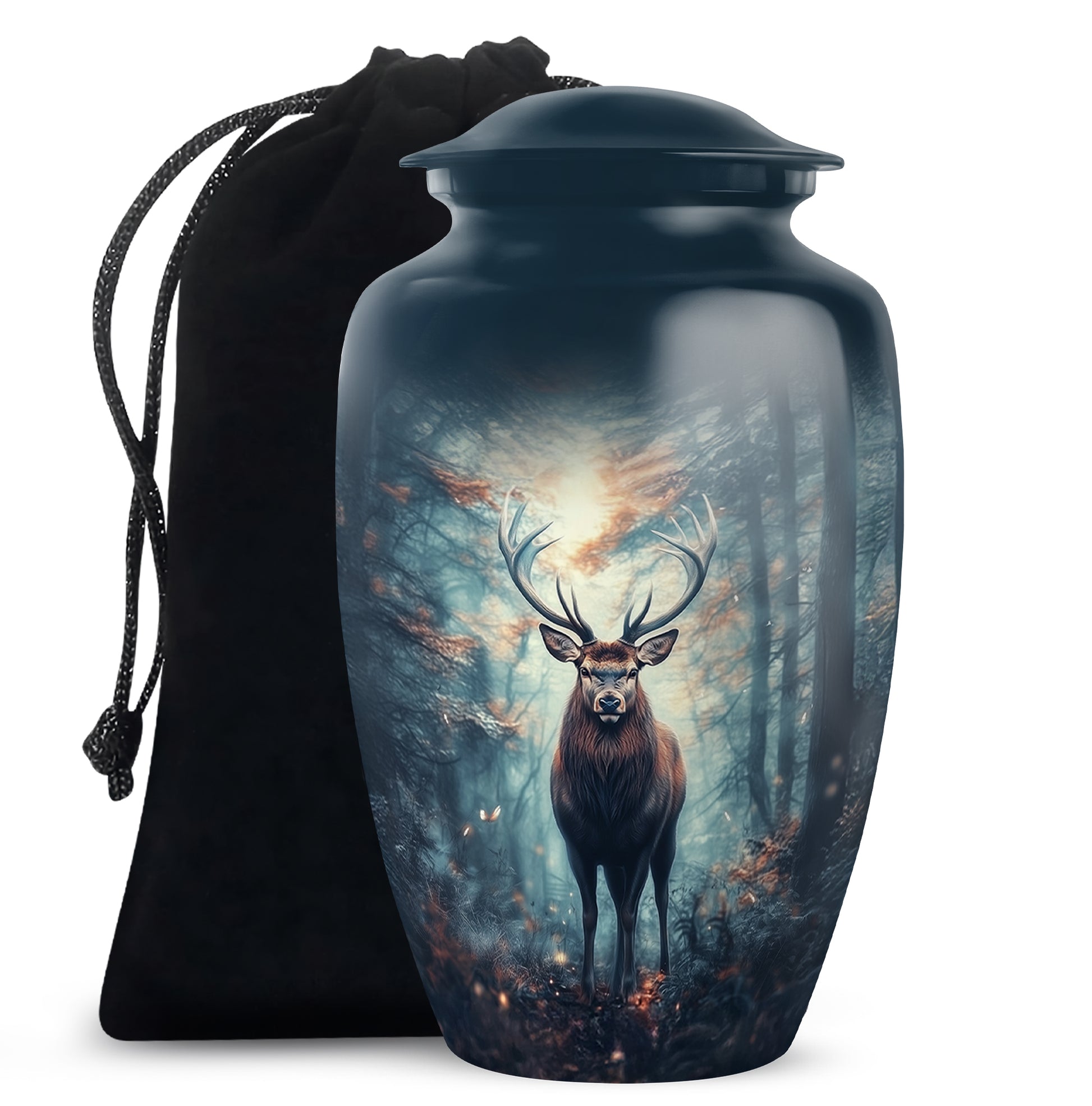 Cobalt Blue Deer Cremation Urn angled view of lid and engraved motif - traditional deer engraving with hand-polished finish - full-size 10 inch 200 cubic inch adult cremation urn