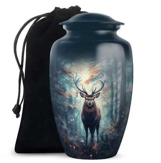 Cobalt Blue Deer Cremation Urn angled view of lid and engraved motif - traditional deer engraving with hand-polished finish - full-size 10 inch 200 cubic inch adult cremation urn